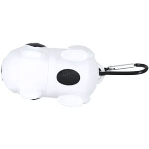 A white and black dog-shaped waste bag dispenser with a clip for attachment. It features small white paws.