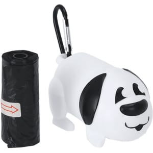 A white dog-shaped waste bag dispenser with a black roll of waste bags and a carabiner clip.