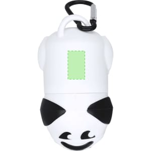 A panda-shaped waste bag dispenser in white and black, featuring a carabiner for easy attachment.
