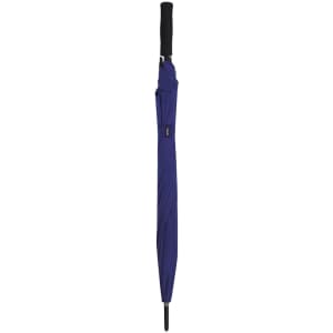 A purple umbrella with a black handle, featuring a logo on the casing.