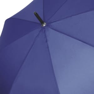 A purple umbrella with a black handle and a metallic fastening, featuring a sleek, smooth fabric surface.