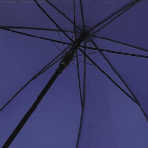 A purple umbrella with a black handle and frame, featuring a visible interior structure.