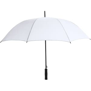 A white umbrella with a black handle and frame, showcasing a sleek design for leisure and outdoor use.