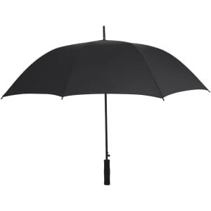 A black umbrella with a straight handle and a logo on the handle, designed for leisure and outdoor use.
