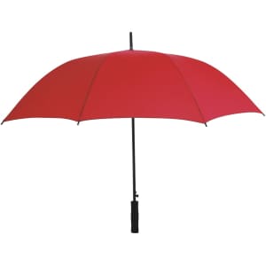 A red umbrella with a black handle and a logo features a wide canopy for protection from the elements.