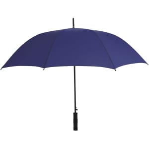 A blue umbrella with a black handle, featuring a simple design and a sturdy appearance.