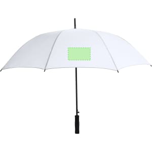 A white umbrella with a black handle and a small rectangular area for branding.