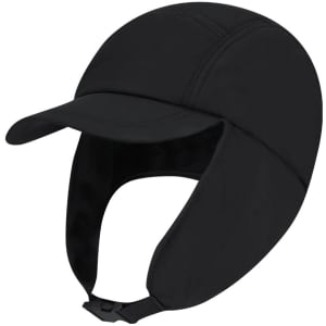 A black cap with a wide brim and ear flaps, featuring a logo on the front.