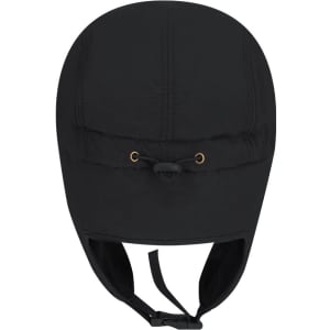 A black cap with a rounded top and chin strap, featuring a logo on the front.