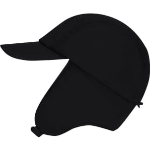 A black cap with a wide brim and a protective flaps at the back, designed for sun protection.