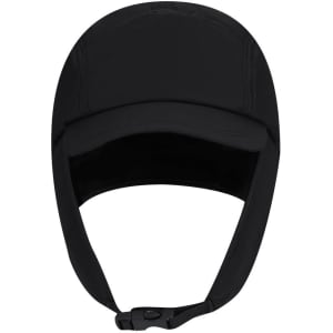 A black cap featuring a curved visor and an adjustable strap at the back. It has a logo on the front.