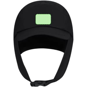 A black cap with a green patch on the front and an adjustable strap at the back.