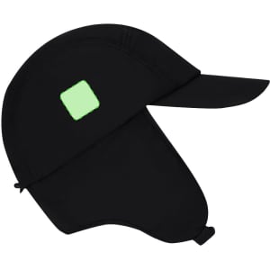 A black cap with a large neck flap and a logo on the front. The cap features a bright green square detail.