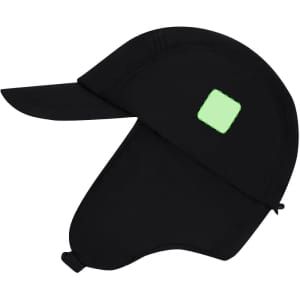A black cap with a wide brim and a neck flap, featuring a small logo.