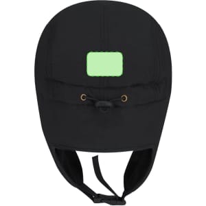 A black cap with a green patch and drawstring, featuring a logo on the front.