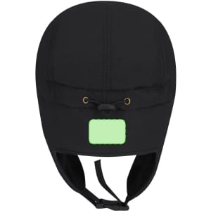 A black cap with a rounded design, featuring a chin strap and a blank area for branding or customisation.