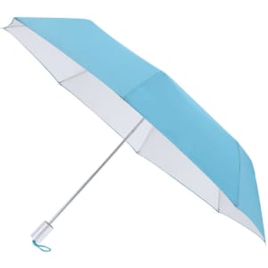 A blue umbrella with a silver handle, featuring a simple design and a logo on the handle.