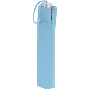 A blue umbrella in a matching sleeve, featuring a carrying strap and a simple design.