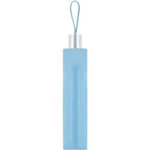 A light blue umbrella with a sleek design and a silver handle, featuring a loop for easy carrying.