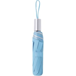 A compact blue umbrella with a silver handle, featuring a strap for easy carrying.