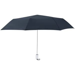 A navy blue umbrella with a silver handle and a logo, featuring several ribbed sections for structure.