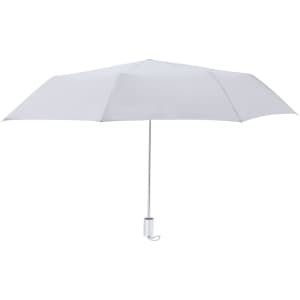 A white umbrella with a sleek design and a silver handle, featuring a metallic logo.