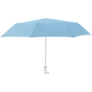 A blue umbrella with a silver handle and a wrist strap, featuring a simple design and a logo.