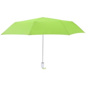 A bright green Winsler umbrella with a silver handle, featuring a simple design and an attached wrist strap.