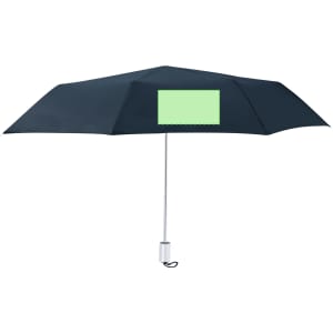 A navy umbrella featuring a green blank panel and a silver handle, suitable for leisure and outdoor use.
