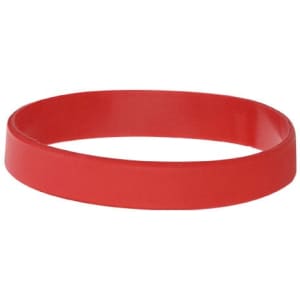 A red silicone wristband with a smooth surface, featuring branding elements.