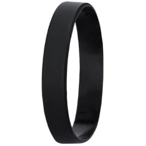 A black silicone wristband with a smooth finish, featuring a logo. Suitable for events and exhibitions.