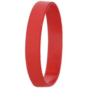 A red silicone wristband with a smooth finish, featuring a logo design.