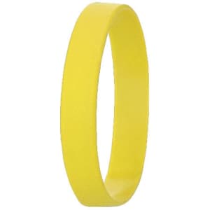 A yellow silicone wristband featuring a smooth, flat design with a logo. Ideal for events and exhibitions.