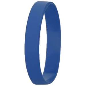 A blue silicone wristband with a smooth, flat design. It features a logo but no visible text.