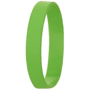 A green silicone wristband with a smooth, flat design. It features a branding logo.