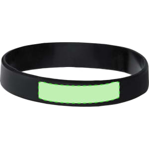 A black silicone wristband features a blank green section for customisation. It includes a logo.