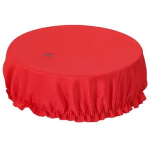 A round red cup cover with a gathered edge, featuring a small logo on the surface.