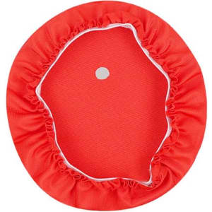 A red Irwing Cup Cover featuring a frilled edge and a small hole in the centre, designed for drinkware protection.