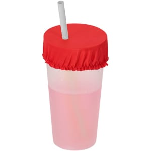 A drink bottle with a pink liquid, topped with a red fabric cup cover and a white straw.