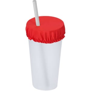 A drink bottle with a red cover and a straw, featuring an elasticised design. It includes a logo.