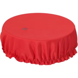 A round, red cup cover made of fabric with an elastic edge. It features a small logo in the centre.