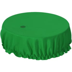 A green Irwing Cup Cover, featuring a gathered design and a small hole in the centre, suitable for coasters.