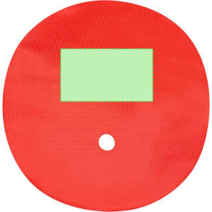 A round, red cup cover with a green rectangular section and a hole in the centre, featuring a logo.