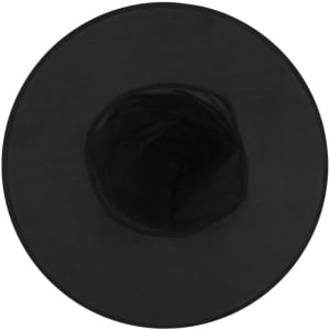 A black witch hat with a wide brim and a hollow interior, featuring a simple design without embellishments.