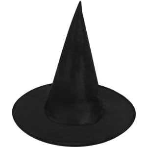 A black witch hat with a tall, conical shape and a wide brim. It features a logo on the inside.