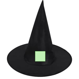A black witch hat featuring a green square design, ideal for Halloween or costume events.