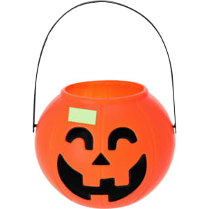 An orange Halloween basket with a smiling pumpkin face and a black handle, featuring a removable sticker.
