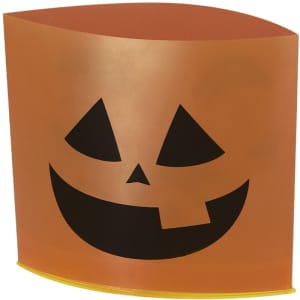 An orange candle holder shaped like a pumpkin with a smiling face, featuring a black logo.