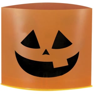 An orange candle holder with a smiling jack-o'-lantern face in black. Features a round base.