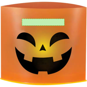 An orange candle holder featuring a smiling jack-o'-lantern design with black cut-out details.